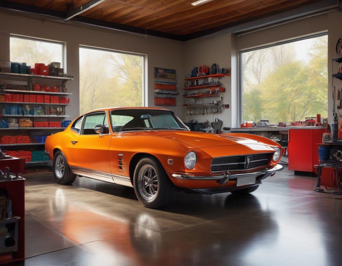 A well-maintained car gleaming under sunlight, surrounded by colorful tools and automotive parts, featuring a checklist for maintenance and upgrades in the foreground. The atmosphere should convey a sense of satisfaction and joy in car care, with a background of a cozy garage filled with shelves of car enthusiasts' collectibles. super-realistic. vibrant colors. 3D.