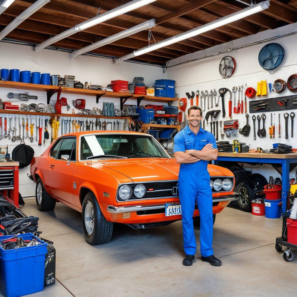 A lively garage scene filled with bright colors showcasing a car being lovingly upgraded with shiny new parts. In the foreground, a happy mechanic smiles as they work on the vehicle, surrounded by essential tools and materials. Outside the garage, a sunny day enhances the joyful atmosphere, emphasizing the care and upgrades being performed. Incorporate elements like vibrant upgrade parts and a welcoming environment to evoke feelings of passion for car maintenance. super-realistic. vibrant colors. white background.