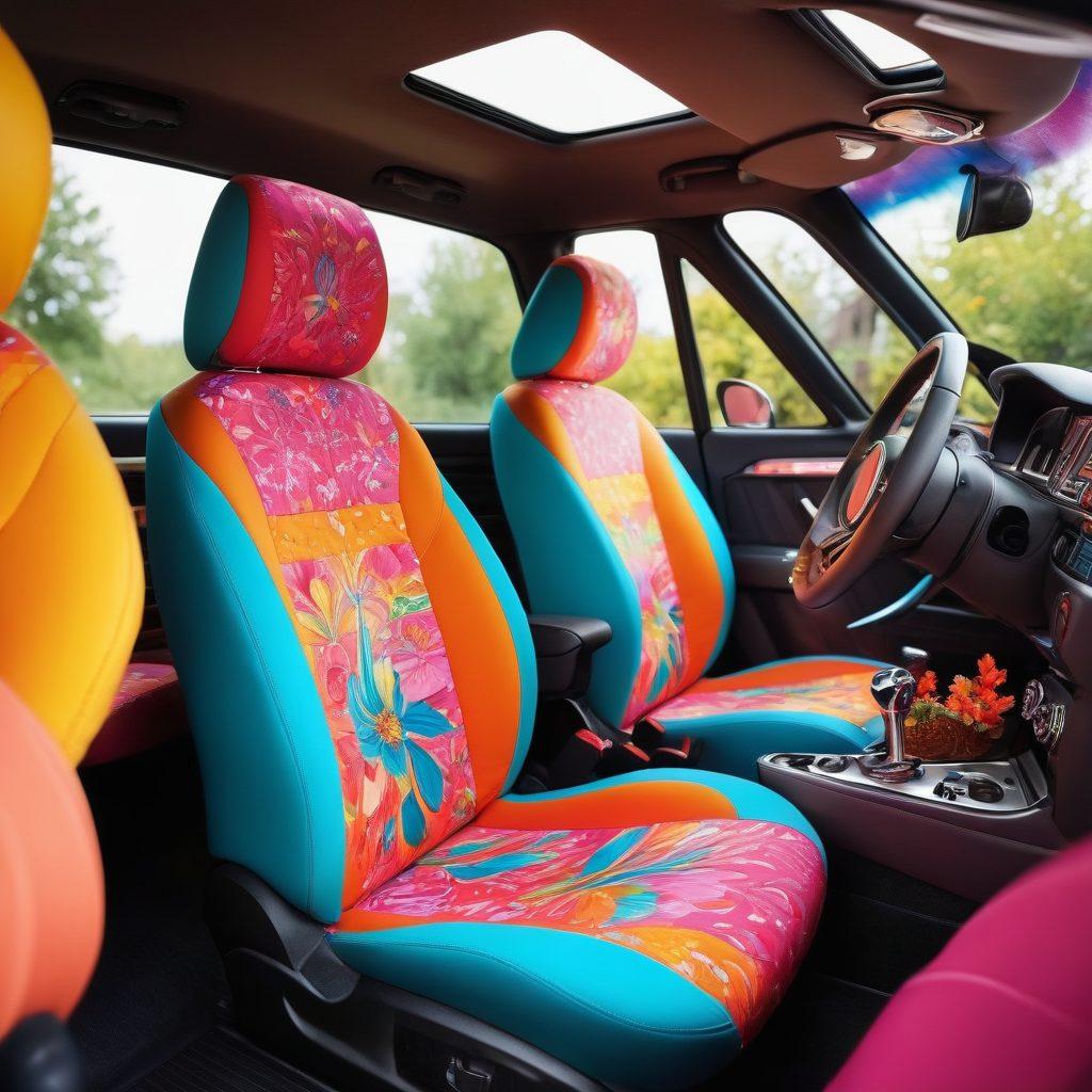 A vibrant and cheerful car interior showcasing colorful seat covers, decorative steering wheel, and fun accessories. The exterior features whimsical decals and a bright, sunny backdrop with flowers blooming around the vehicle. The composition should evoke a sense of joy and personality in vehicle upgrades. bright colors. 3D. dynamic lighting.